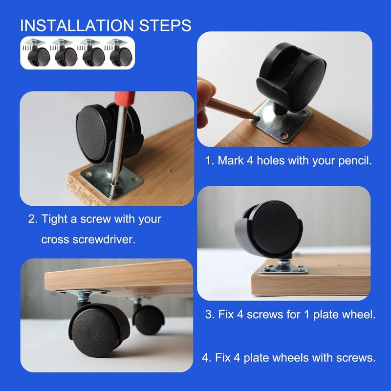 Dalyndar 1.5 Inch Caster Wheels Replacement Universal Small Swivel Rollers for Furniture Filing Cabinet Desk Table Drawer Cart Box Shelf, 4 Pack 360 Degree Rolling Top Mounted Screw in Plate Castors - Image 3